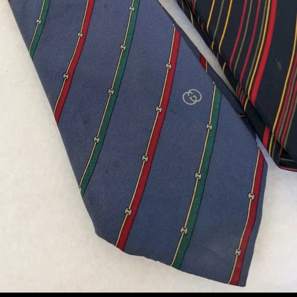 2 Vintage Gucci Silk Blue Striped Logo Neckties Made In Italy FLAWED STAINED